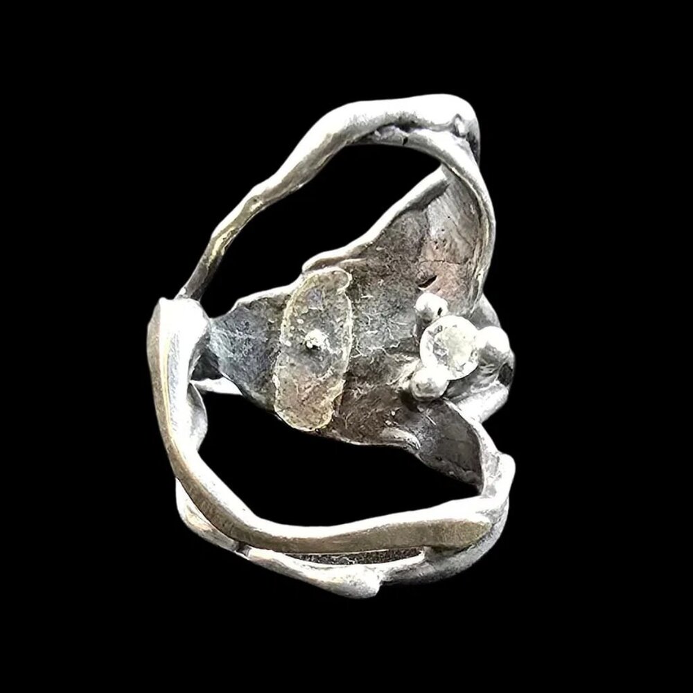 Vintage Brutalist 14K Gold & Sterling Silver Ring with Gemstone—Size 8